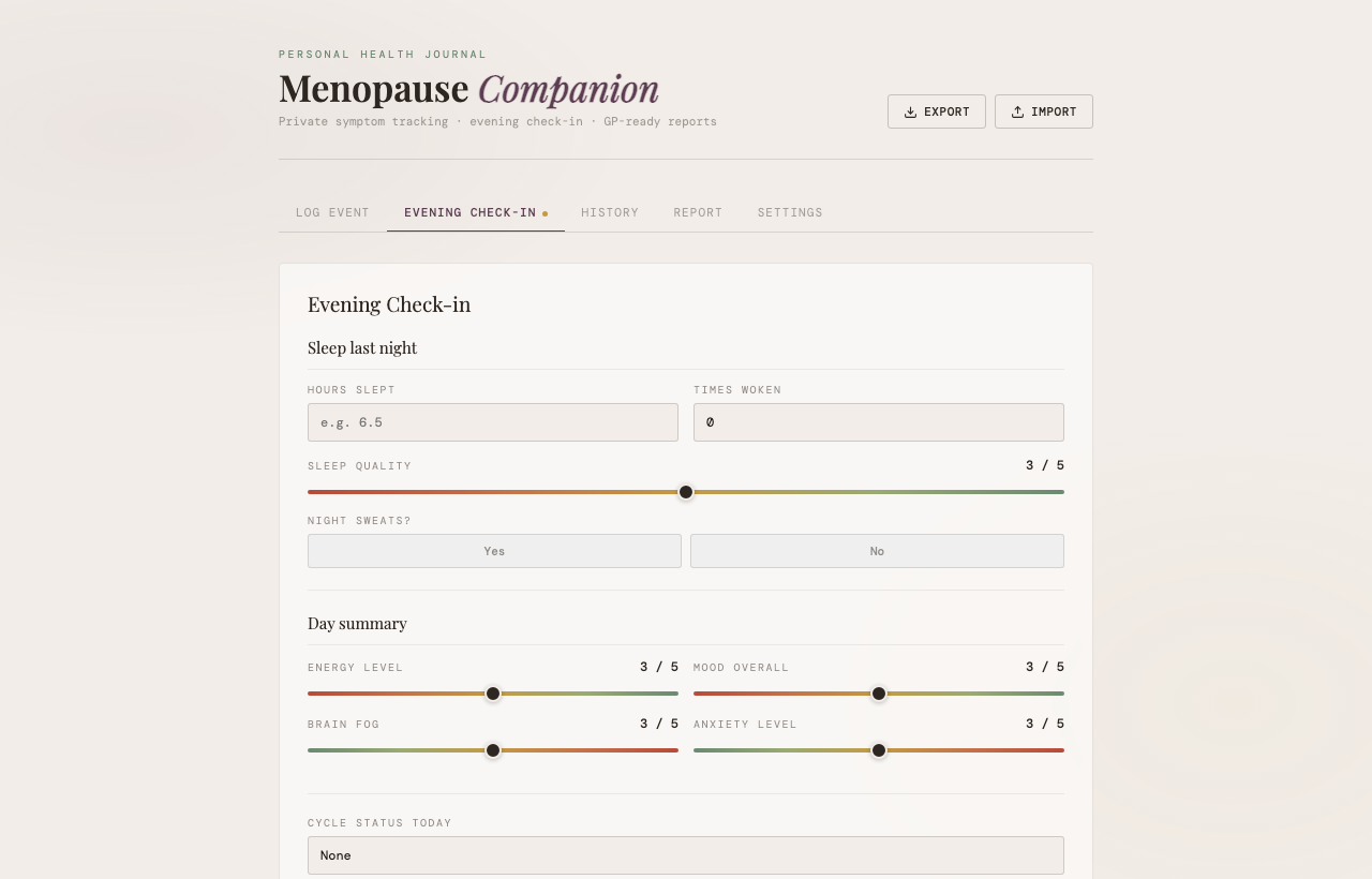 Menopause Companion — desktop evening check-in